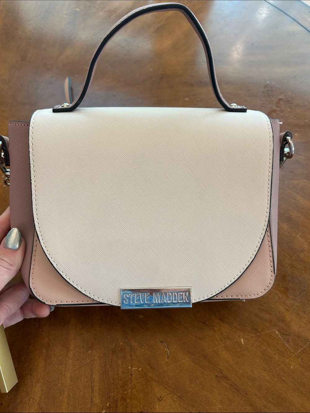 Steve Madden Cream and Blush Top-Handle Satchel with Chain Strap
